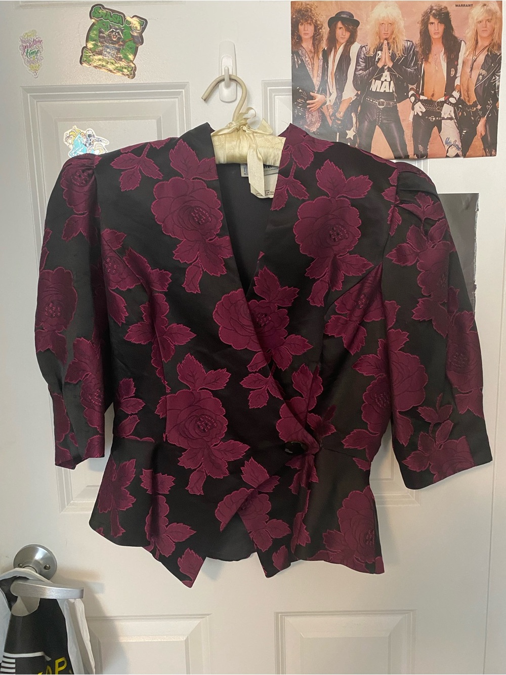80s black and magenta floral jacquard button wrap blouse